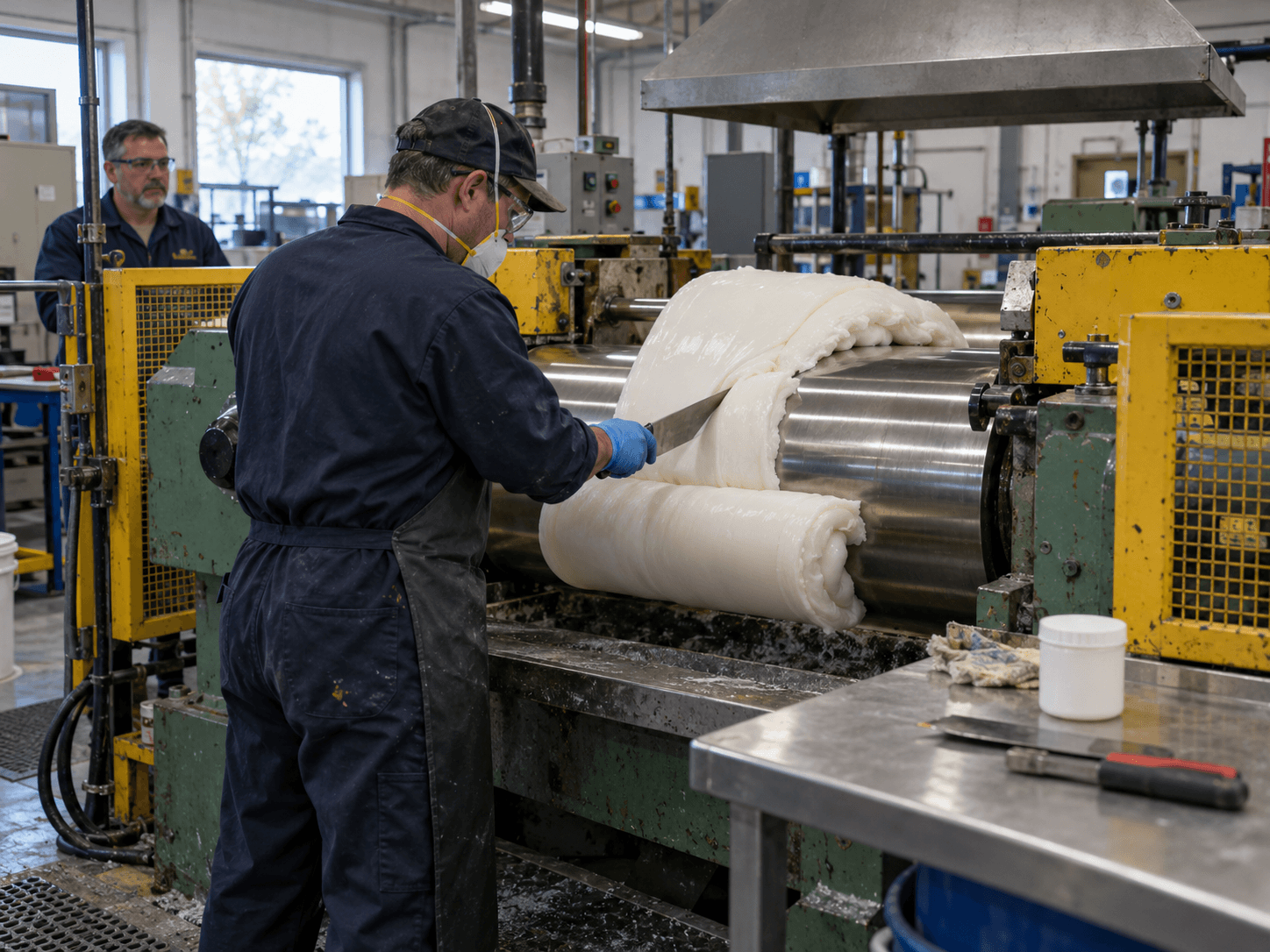 Rubber or silicone being processed on a two-roll mill