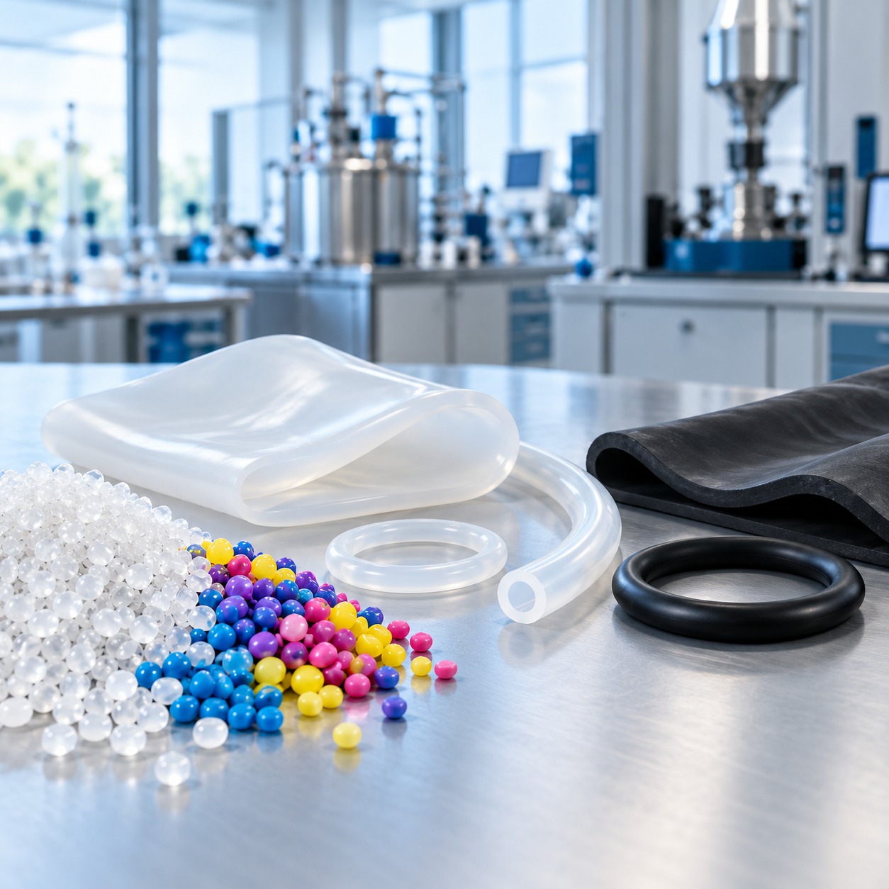 Polymer pellets, silicone tubing and rubber components in a processing facility